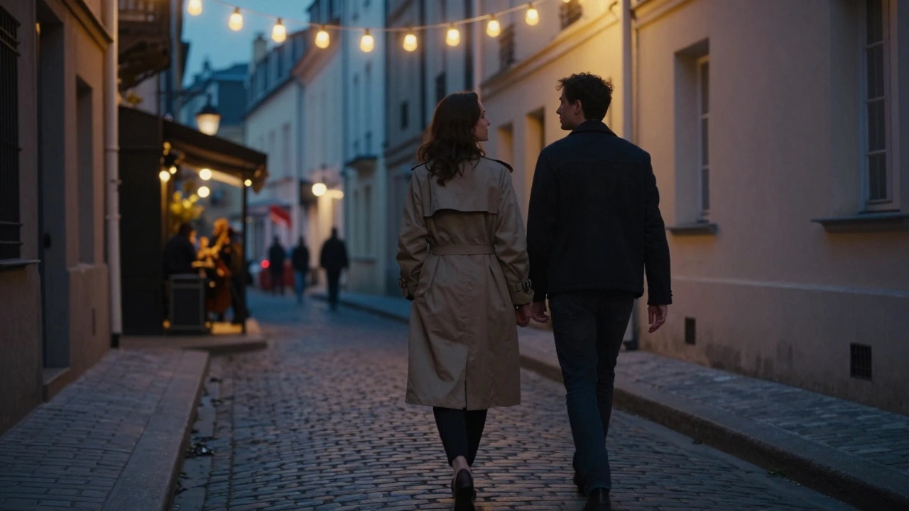 A man and woman walking calmly through a dim Paris alley at dusk, lanterns glowing above them.