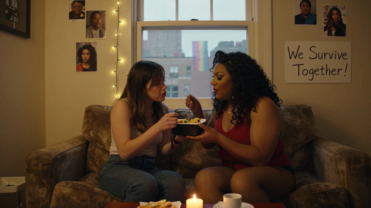 A trans sex worker and drag performer share a quiet meal in a cozy apartment lit by string lights.