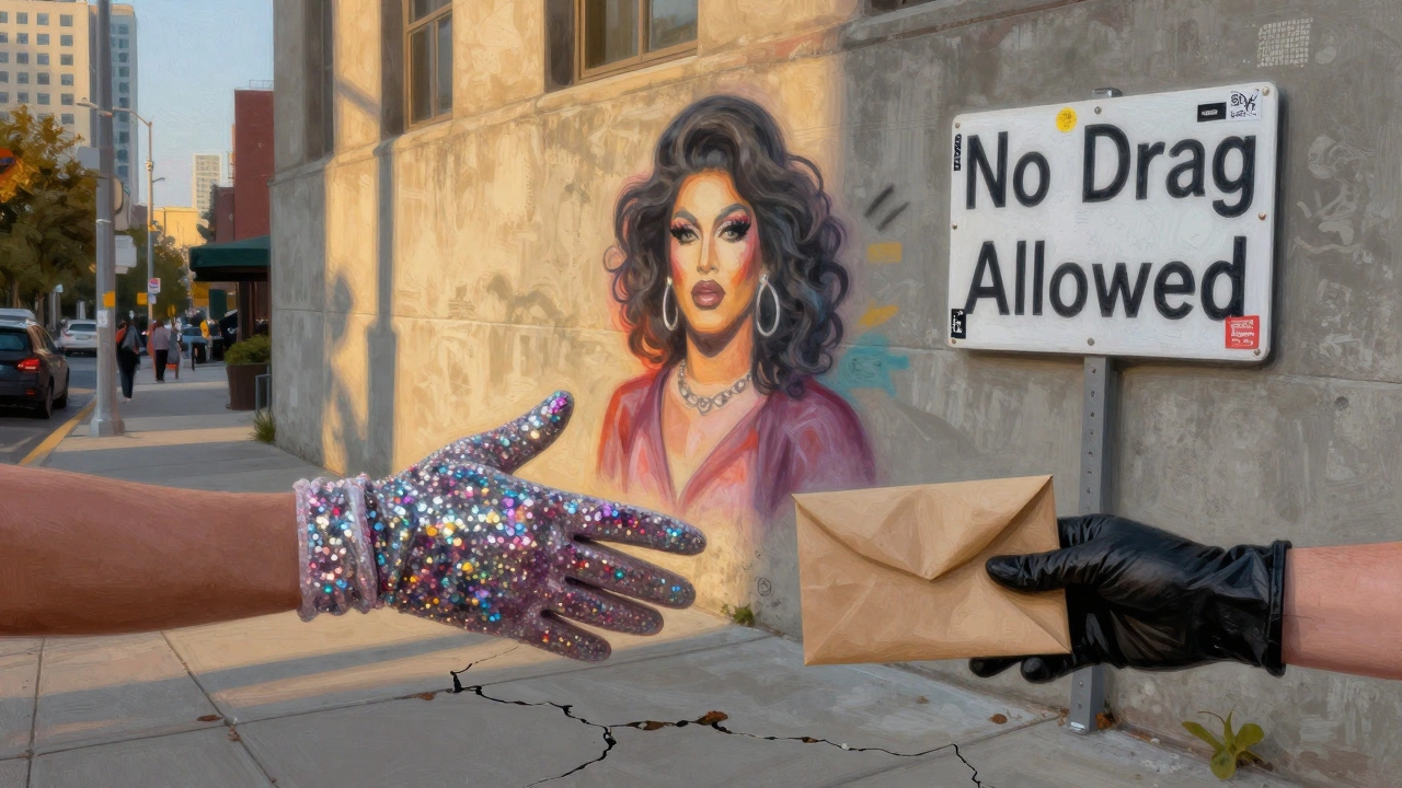 Glittered hand and gloved hand meet across a sidewalk with protest stickers covering a &#039;No Drag&#039; sign.