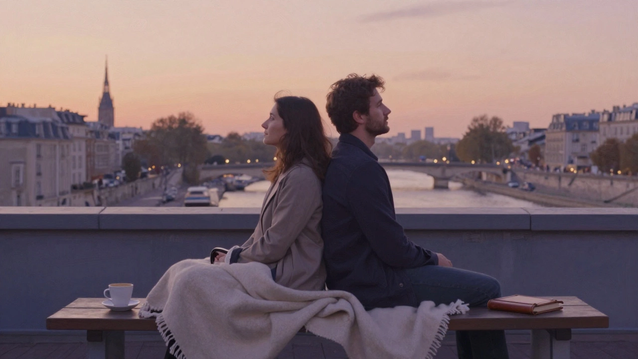 Two people sitting back-to-back on a rooftop terrace at sunset, overlooking the Seine in peaceful silence.